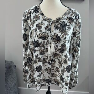 Lucky Brand Cream, Black and Tan Floral Tassel Peasant Top